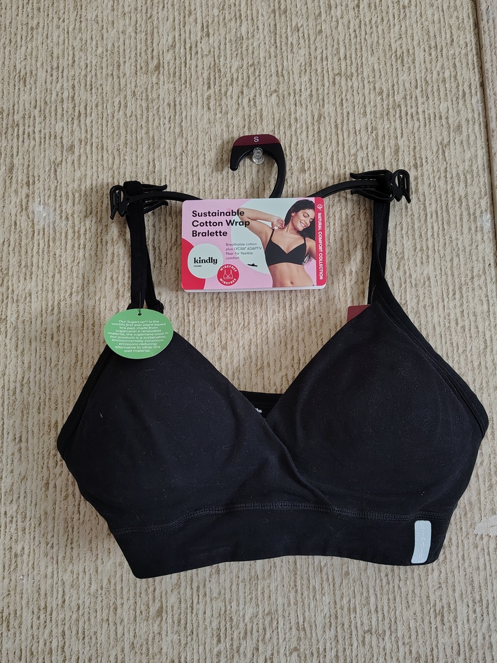 Kindly Yours Sustainable Cotton Wrap Bralette, Black, Sz S, NEW